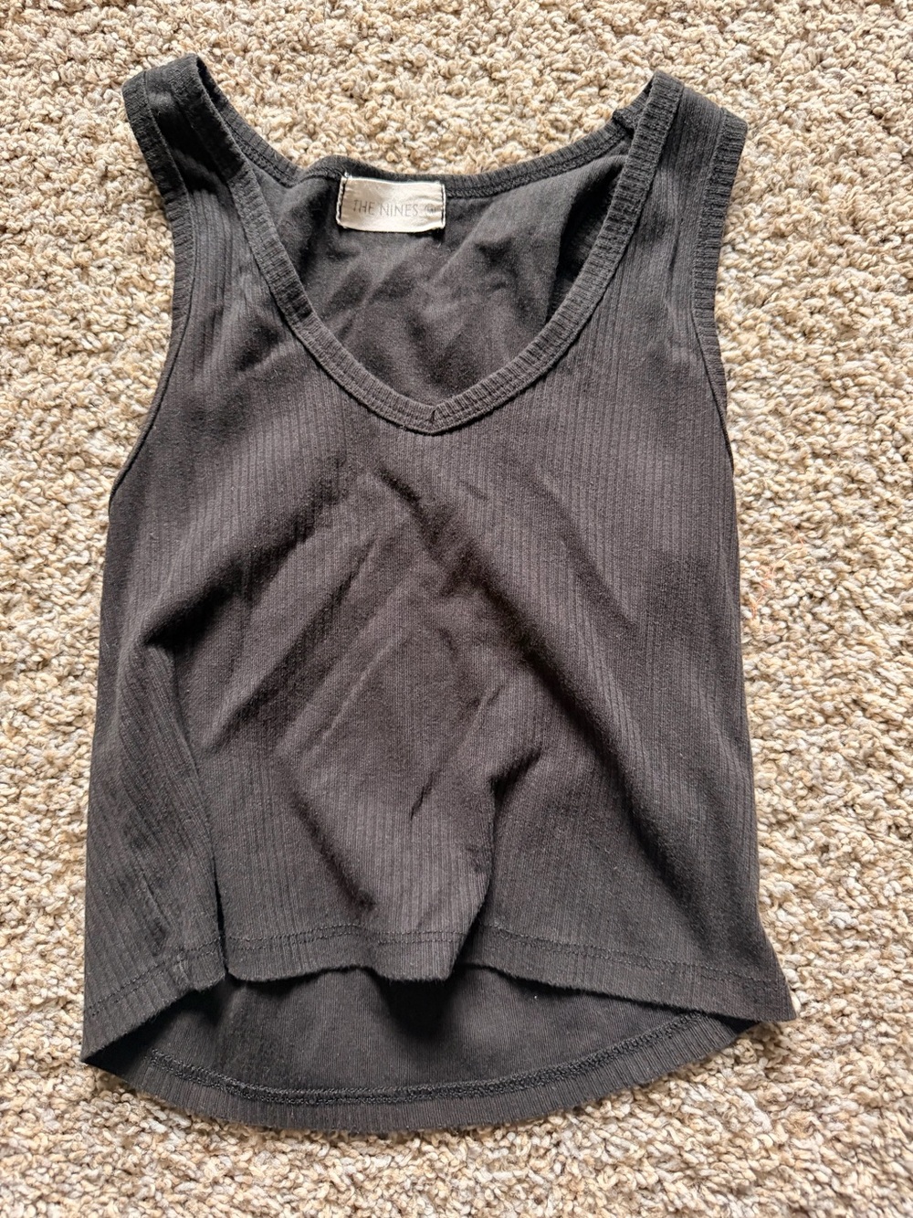 The Nines Black Ribbed V-Neck Cropped Tank Top